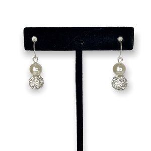 Swarovski Crystal Dangling Pearl and Fireball Earrings Silver Overlay